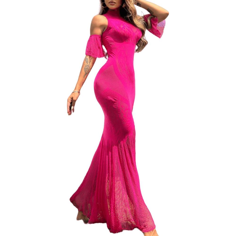 imageRSLOVE Women Lingerie Sexy Dress  Lace Mesh Sleepwear Maxi Nightgown Exotic Sheer Long Bridal Chemise with Detachable Sleeve