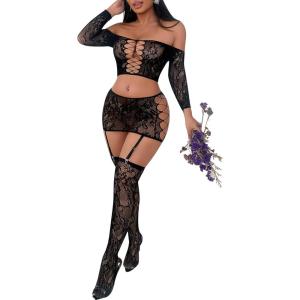 image:imageRSLOVE Lingerie Sets for Women Sexy  Fishnet BabyDoll Garter Mini Skirt Bodystocking Mesh Bodysuit Outfits NightwearBlack