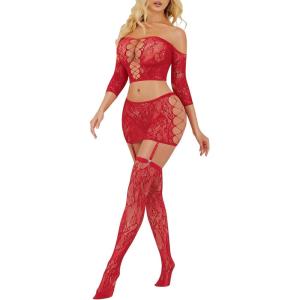 image:imageRSLOVE Lingerie Sets for Women Sexy  Fishnet BabyDoll Garter Mini Skirt Bodystocking Mesh Bodysuit Outfits NightwearRed