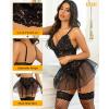 image:imageRSLOVE Lingerie Sets for Women Sexy  Lingerie for Women Lace Bra and Panty 3 Piece With Garter Mesh Babydoll Teddy BodysuitBlack