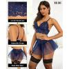 image:imageRSLOVE Lingerie Sets for Women Sexy  Lingerie for Women Lace Bra and Panty 3 Piece With Garter Mesh Babydoll Teddy BodysuitNavy Blue