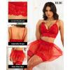 image:imageRSLOVE Lingerie Sets for Women Sexy  Lingerie for Women Lace Bra and Panty 3 Piece With Garter Mesh Babydoll Teddy BodysuitRed