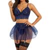 image:imageRSLOVE Lingerie Sets for Women Sexy  Lingerie for Women Lace Bra and Panty 3 Piece With Garter Mesh Babydoll Teddy BodysuitNavy Blue