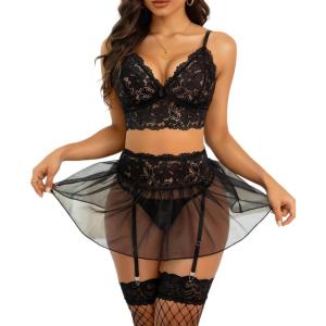 image:imageRSLOVE Lingerie Sets for Women Sexy  Lingerie for Women Lace Bra and Panty 3 Piece With Garter Mesh Babydoll Teddy BodysuitBlack