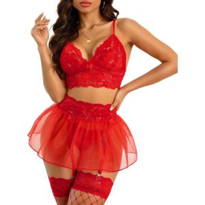 image:imageRSLOVE Lingerie Sets for Women Sexy  Lingerie for Women Lace Bra and Panty 3 Piece With Garter Mesh Babydoll Teddy BodysuitRed