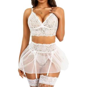 image:imageRSLOVE Lingerie Sets for Women Sexy  Lingerie for Women Lace Bra and Panty 3 Piece With Garter Mesh Babydoll Teddy BodysuitWhite