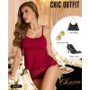 image:imageRSLOVE Sexy Pajama Set for Women  Sheer Floral Lace Cami Short PJ Set Pajamas Lingerie Sleepwear 2 Piece NightwearRed