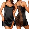 image:imageRSLOVE Womens Lingerie Sexy Satin Nightgown  V Neck Lace Babydoll Slip Chemise with Adjustable Straps SleepwearBlack