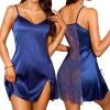 image:imageRSLOVE Womens Lingerie Sexy Satin Nightgown  V Neck Lace Babydoll Slip Chemise with Adjustable Straps SleepwearNavy Blue