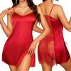 image:imageRSLOVE Womens Lingerie Sexy Satin Nightgown  V Neck Lace Babydoll Slip Chemise with Adjustable Straps SleepwearRed