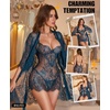 image:imageRSLOVE Lingerie Sets for Women Sexy  3 Piece Babydoll Lace Kimono Robe Chemise Nightwear Exotic Sleepwear Mesh NightgownPeacock Blue