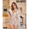 image:imageRSLOVE Lingerie Sets for Women Sexy  3 Piece Babydoll Lace Kimono Robe Chemise Nightwear Exotic Sleepwear Mesh NightgownWhite