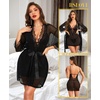 image:imageRSLOVE Women Sexy Lingerie Set  3pc Lace Mesh Babydoll with 34 Sleeve Robe amp Panty Adjustable Strap Nightgown SleepwearBlack