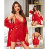 image:imageRSLOVE Women Sexy Lingerie Set  3pc Lace Mesh Babydoll with 34 Sleeve Robe amp Panty Adjustable Strap Nightgown SleepwearRed