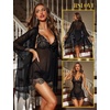 image:imageRSLOVE Women Sexy Lingerie Set 3 Piece Babydoll amp Lace Kimono Robe Strap Chemise Sleepwear Mesh NightgownBlack