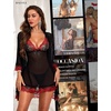 image:imageRSLOVE Women Sexy Lingerie Set 3 Piece Babydoll amp Lace Kimono Robe Strap Chemise Sleepwear Mesh NightgownBlackred