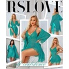 image:imageRSLOVE Women Sexy Lingerie Set 3 Piece Babydoll amp Lace Kimono Robe Strap Chemise Sleepwear Mesh NightgownBlue Green