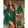 image:imageRSLOVE Women Sexy Lingerie Set 3 Piece Babydoll amp Lace Kimono Robe Strap Chemise Sleepwear Mesh NightgownDark Green