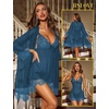 image:imageRSLOVE Women Sexy Lingerie Set 3 Piece Babydoll amp Lace Kimono Robe Strap Chemise Sleepwear Mesh NightgownPeacock Blue