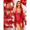 image:imageRSLOVE Women Sexy Lingerie Set 3 Piece Babydoll amp Lace Kimono Robe Strap Chemise Sleepwear Mesh NightgownRed