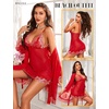 image:imageRSLOVE Women Sexy Lingerie Set 3 Piece Babydoll amp Lace Kimono Robe Strap Chemise Sleepwear Mesh NightgownRedwhite