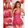 image:imageRSLOVE Women Sexy Lingerie Set 3 Piece Babydoll amp Lace Kimono Robe Strap Chemise Sleepwear Mesh NightgownRose Red