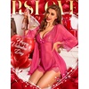 image:imageRSLOVE Women Sexy Lingerie Set 3 Piece Babydoll amp Lace Kimono Robe Strap Chemise Sleepwear Mesh NightgownRose Red