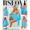 image:imageRSLOVE Women Sexy Lingerie Set 3 Piece Babydoll amp Lace Kimono Robe Strap Chemise Sleepwear Mesh NightgownSky Blue Azure