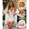image:imageRSLOVE Women Sexy Lingerie Set 3 Piece Babydoll amp Lace Kimono Robe Strap Chemise Sleepwear Mesh NightgownWhite