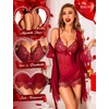 image:imageRSLOVE Women Sexy Lingerie Set 3 Piece Babydoll amp Lace Kimono Robe Strap Chemise Sleepwear Mesh NightgownWine Red