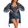 image:imageRSLOVE Lingerie Sets for Women Sexy  3 Piece Babydoll Lace Kimono Robe Chemise Nightwear Exotic Sleepwear Mesh NightgownPeacock Blue