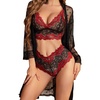 image:imageRSLOVE Women Lingerie Set with Robe  3 Piece Lace Bra and Panty Set Sexy Sleepwear for Bridal Honeymoon AnniversaryBlack Red