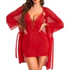 image:imageRSLOVE Women Sexy Lingerie Set  3pc Lace Mesh Babydoll with 34 Sleeve Robe amp Panty Adjustable Strap Nightgown SleepwearRed
