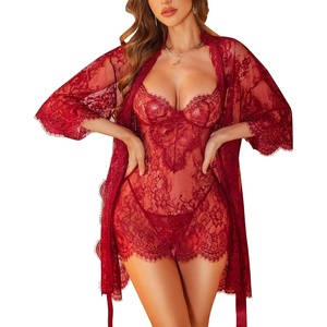 image:imageRSLOVE Lingerie Sets for Women Sexy  3 Piece Babydoll Lace Kimono Robe Chemise Nightwear Exotic Sleepwear Mesh NightgownWine Red
