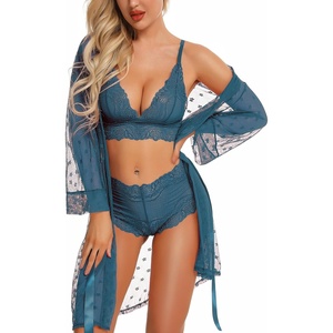 image:imageRSLOVE Women Lingerie Set with Robe  3 Piece Lace Bra and Panty Set Sexy Sleepwear for Bridal Honeymoon AnniversaryBlue Green