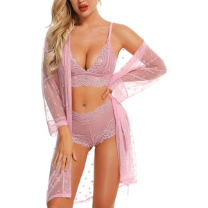 image:imageRSLOVE Women Lingerie Set with Robe  3 Piece Lace Bra and Panty Set Sexy Sleepwear for Bridal Honeymoon AnniversaryPink