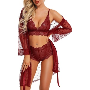 image:imageRSLOVE Women Lingerie Set with Robe  3 Piece Lace Bra and Panty Set Sexy Sleepwear for Bridal Honeymoon AnniversaryWine Red