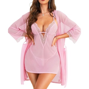image:imageRSLOVE Women Sexy Lingerie Set  3pc Lace Mesh Babydoll with 34 Sleeve Robe amp Panty Adjustable Strap Nightgown SleepwearPink