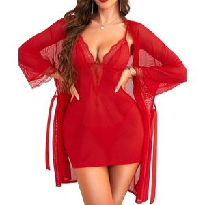 image:imageRSLOVE Women Sexy Lingerie Set  3pc Lace Mesh Babydoll with 34 Sleeve Robe amp Panty Adjustable Strap Nightgown SleepwearRed