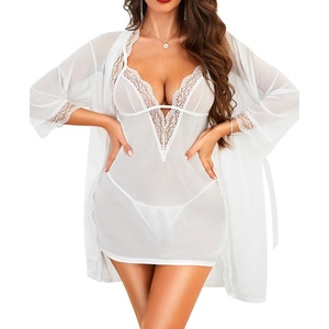 image:imageRSLOVE Women Sexy Lingerie Set  3pc Lace Mesh Babydoll with 34 Sleeve Robe amp Panty Adjustable Strap Nightgown SleepwearWhite