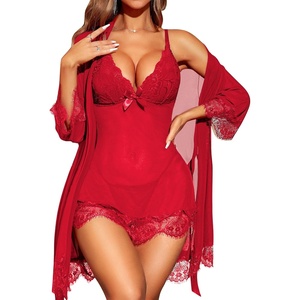 image:imageRSLOVE Women Sexy Lingerie Set 3 Piece Babydoll amp Lace Kimono Robe Strap Chemise Sleepwear Mesh NightgownRed