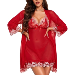 image:imageRSLOVE Women Sexy Lingerie Set 3 Piece Babydoll amp Lace Kimono Robe Strap Chemise Sleepwear Mesh NightgownRedwhite