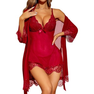 image:imageRSLOVE Women Sexy Lingerie Set 3 Piece Babydoll amp Lace Kimono Robe Strap Chemise Sleepwear Mesh NightgownWine Red