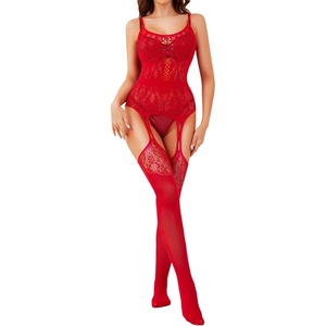 image:imageRSLOVE Womens Lace Bodysuit Sexy Fishnet Body Stockings  One Piece Crotchless Lingerie OutfitsRed